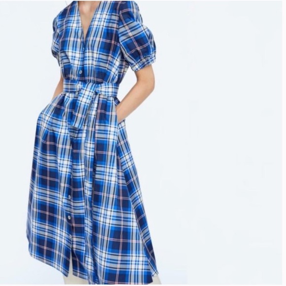 Zara blue tartan plaid puff sleeve midi dress size small - Picture 2 of 7
